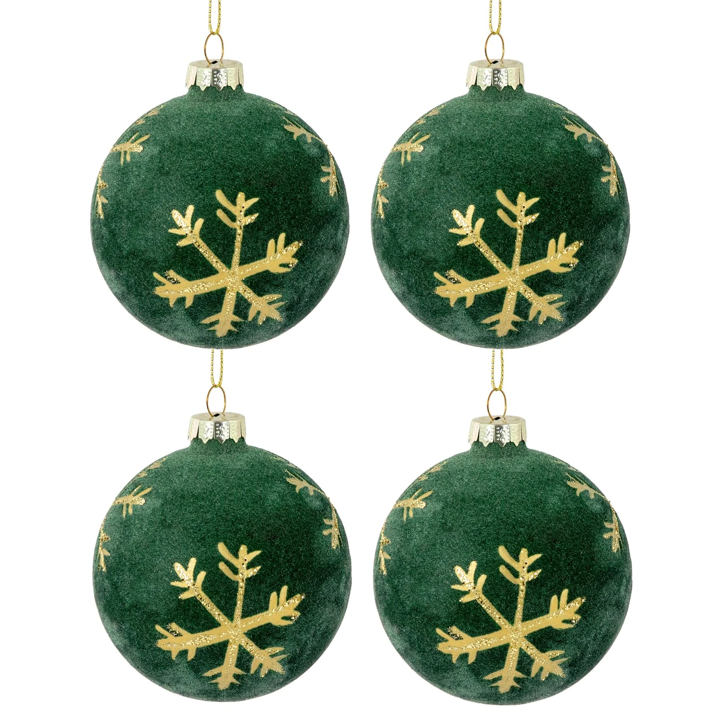 Northlight Velvet Glass Christmas Ball Ornaments With Gold Snowflakes - 3" (75mm) - Green - 4ct 4 Northlight Velvet Glass Christmas Ball Ornaments With Gold Snowflakes - 3" (75mm) - Green - 4ct - Image 2
