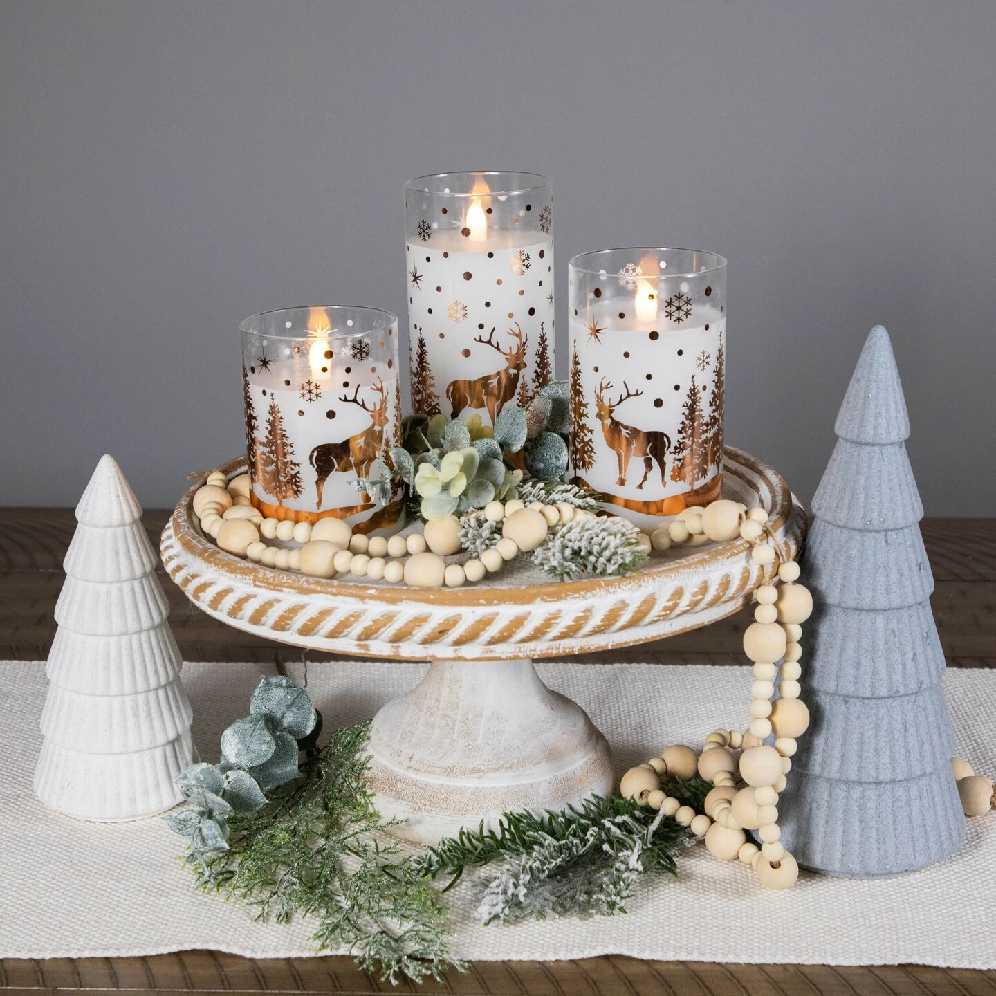 Northlight LED Flameless Flickering Woodland Glass Pillar Christmas Candles - 6" - Set Of 3 White 5 Northlight LED Flameless Flickering Woodland Glass Pillar Christmas Candles - 6" - Set Of 3 White - Image 3