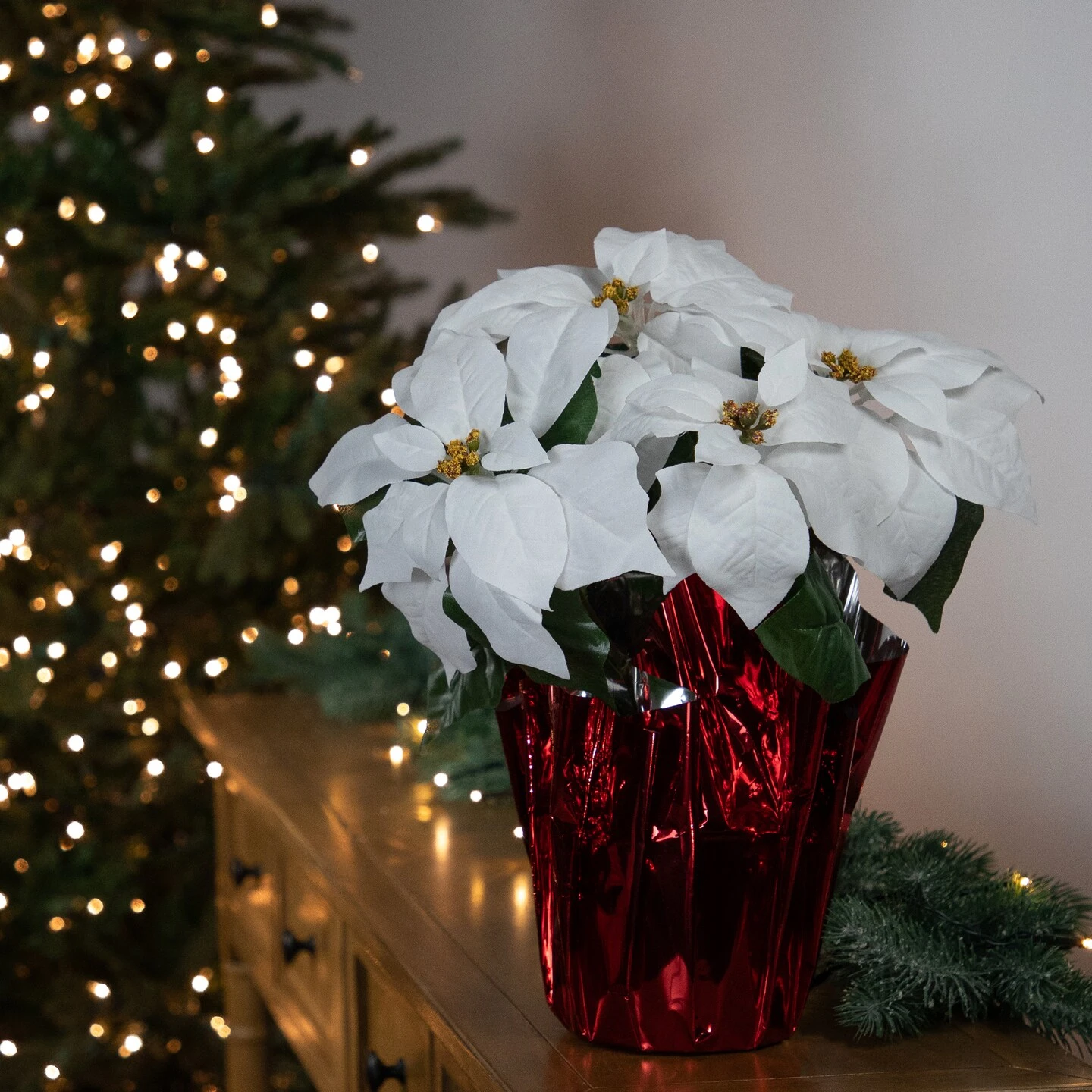 Northlight Artificial Christmas Poinsettia With Wrapped Base - 14.5" - White And Red 5 Northlight Artificial Christmas Poinsettia With Wrapped Base - 14.5" - White And Red - Image 3