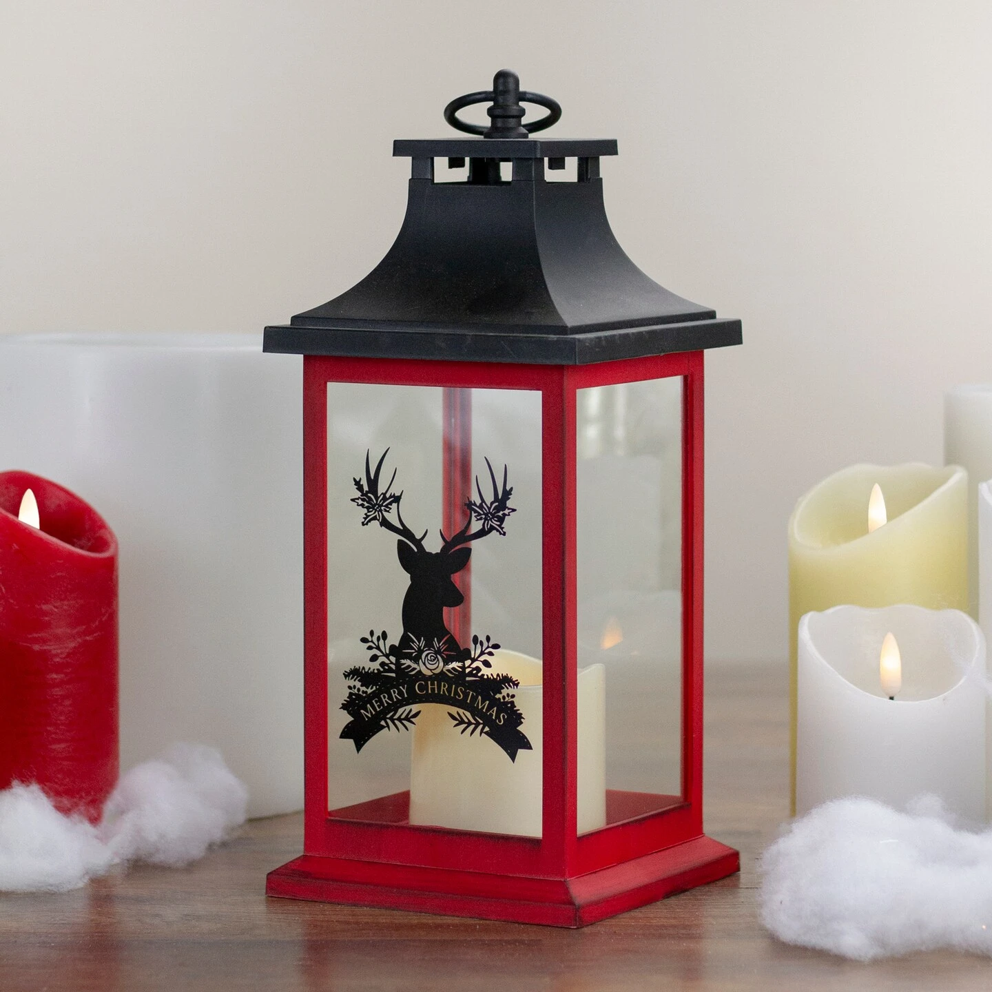 Northlight LED Candle With Deer "Merry Christmas" Lantern - 12" - Red And Black 5 Northlight LED Candle With Deer "Merry Christmas" Lantern - 12" - Red And Black - Image 3