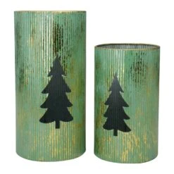 Northlight Rustic Christmas Tree Candle Lanterns - 12" - Green And Gold - Set Of 2 -Northlight 5764970977315119776 2