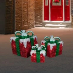 Northlight Lighted Snow And Candy Covered Sisal Gift Boxes Outdoor Christmas Decorations - Set Of 3 Red 12 Northlight Lighted Snow And Candy Covered Sisal Gift Boxes Outdoor Christmas Decorations - Set Of 3 Red -Northlight 5764970978007704224