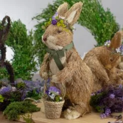 Northlight 15" Brown Sisal Bunny Rabbit With Basket Easter Figure -Northlight 5764987814876668576