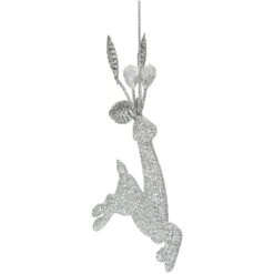 Northlight Leaping Glitter Drenched Reindeer With Faux Gem Christmas Ornament - 5.5" - Silver -Northlight 5764987816329994912