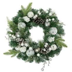 Northlight Green Pine Frosted Artificial Christmas Wreath With Laced Ornaments, 24-Inch, Unlit