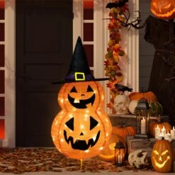 Northlight LED Lighted Jack-O-Lanterns In Witch's Hat Outdoor Halloween Decoration - 34" Orange -Northlight 5765002570933633968 2