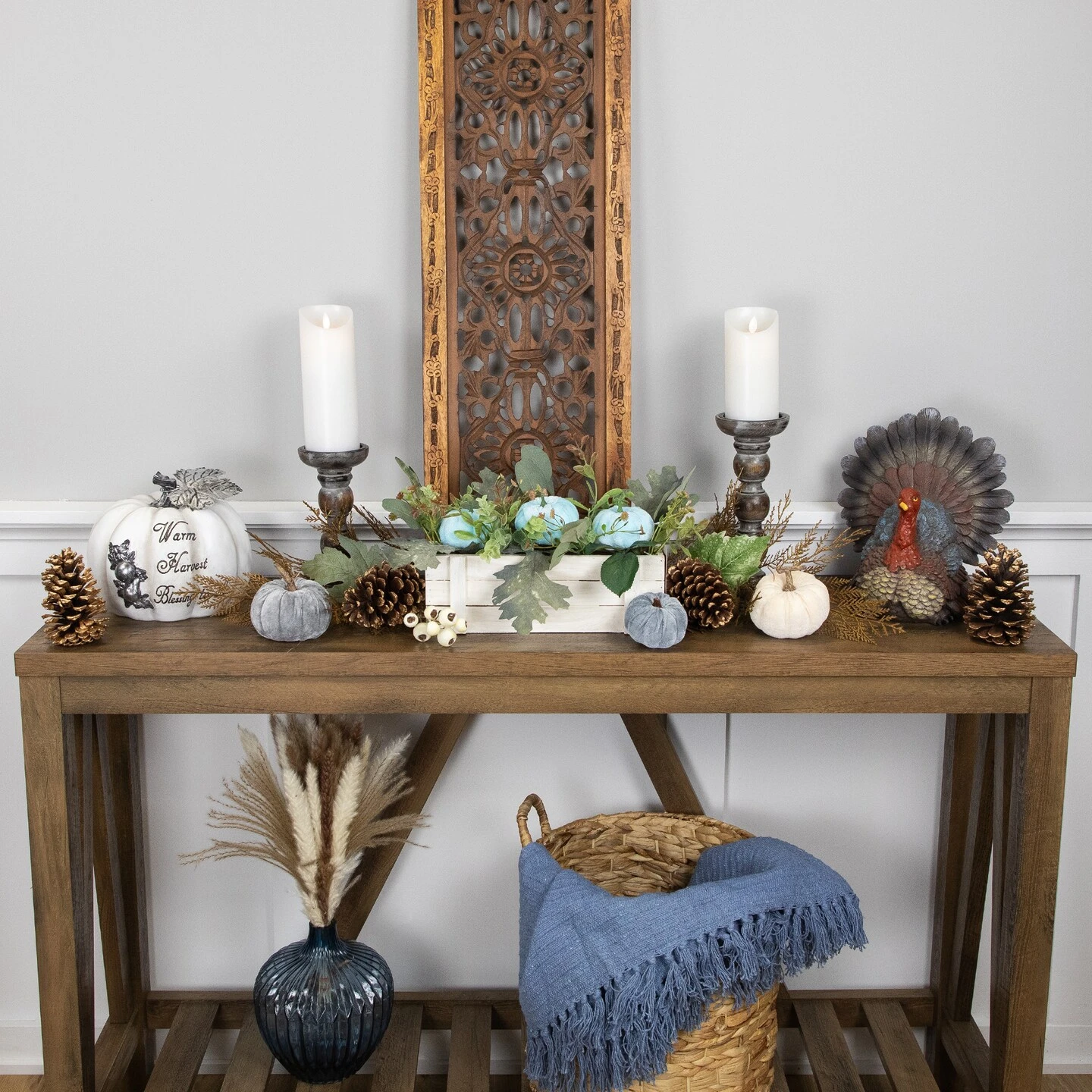 Northlight Fall Harvest Foliage And Pumpkins In Wooden Planter - 18" - Blue 5 Northlight Fall Harvest Foliage And Pumpkins In Wooden Planter - 18" - Blue - Image 3