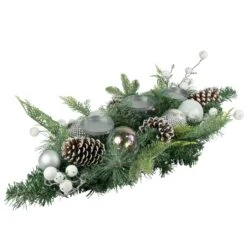 Northlight Pine And Berries Triple Candle Holder With Iridescent Christmas Ornaments - 32" Green -Northlight 576658451413746912