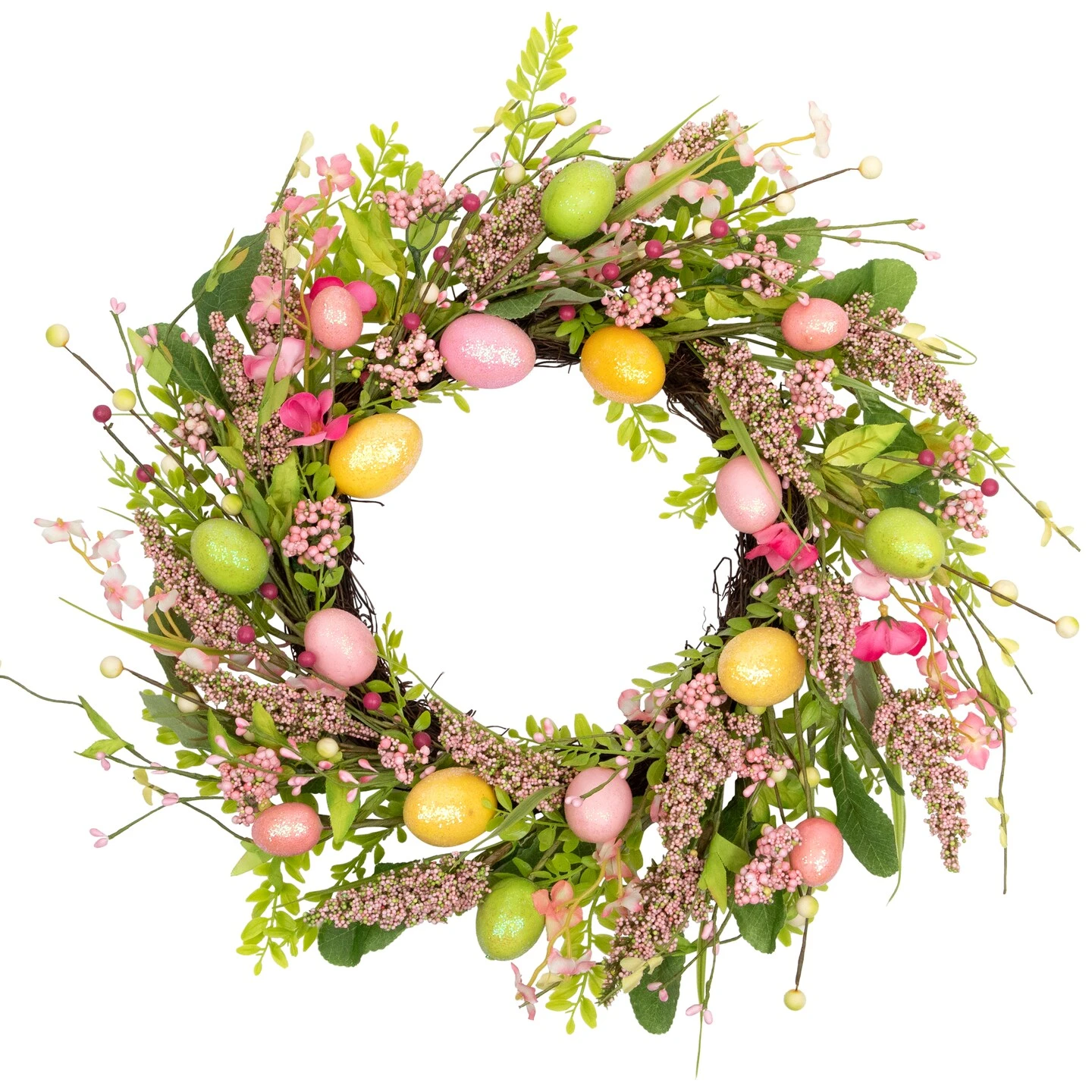 Northlight Glittered Eggs, Hibiscus And Berries Artificial Easter Twig Wreath - 20" - Pink And Green 5 Northlight Glittered Eggs, Hibiscus And Berries Artificial Easter Twig Wreath - 20" - Pink And Green - Image 3