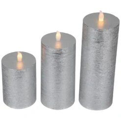 Northlight Flameless Flickering LED Wax Pillar Candles - 8" - Brushed Silver - Set Of 3 -Northlight 6917585240680645856