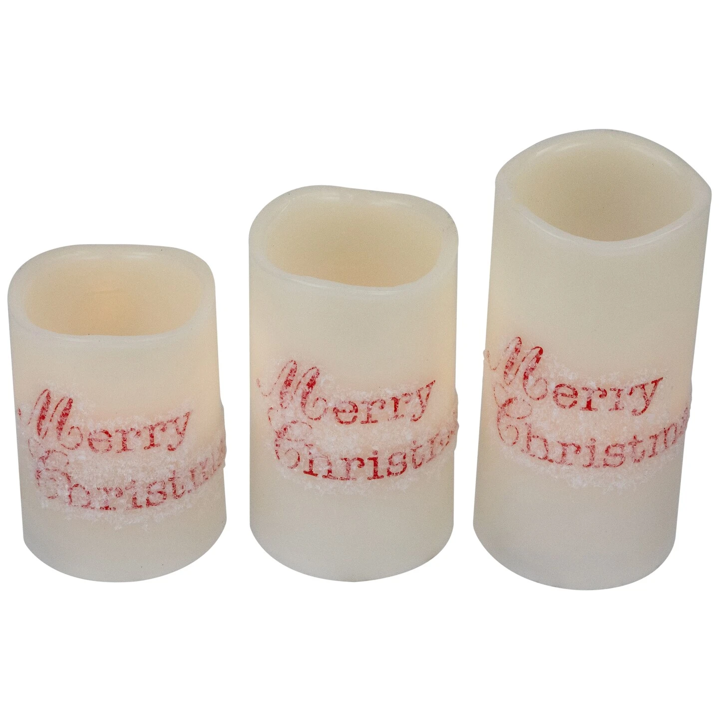 Northlight LED Flameless Frosted "Merry Christmas" Wax Pillar Candles - 6" - Set Of 3 White 7 Northlight LED Flameless Frosted "Merry Christmas" Wax Pillar Candles - 6" - Set Of 3 White - Image 5