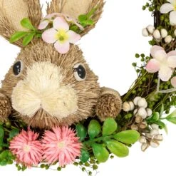 Northlight Spring Floral Easter Wreath With Peering Rabbit - 11" - Green And Pink Brown -Northlight 6917807913634989072