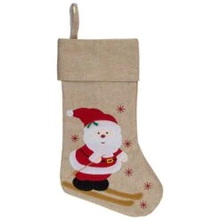 Northlight 19" Burlap Skiing Santa With Poles And Snowflakes Christmas Stocking Beige -Northlight 6917892480797893280 2