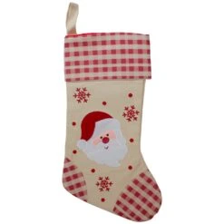 Northlight 16.5" Red And Ivory Embroidered Santa Claus Christmas Stocking With Gingham Cuff