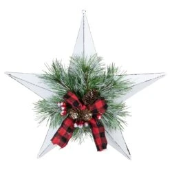 Northlight 17" White 5 Point Christmas Star With Plaid Ribbon With Artificial Pine -Northlight 6917892482167036576 2