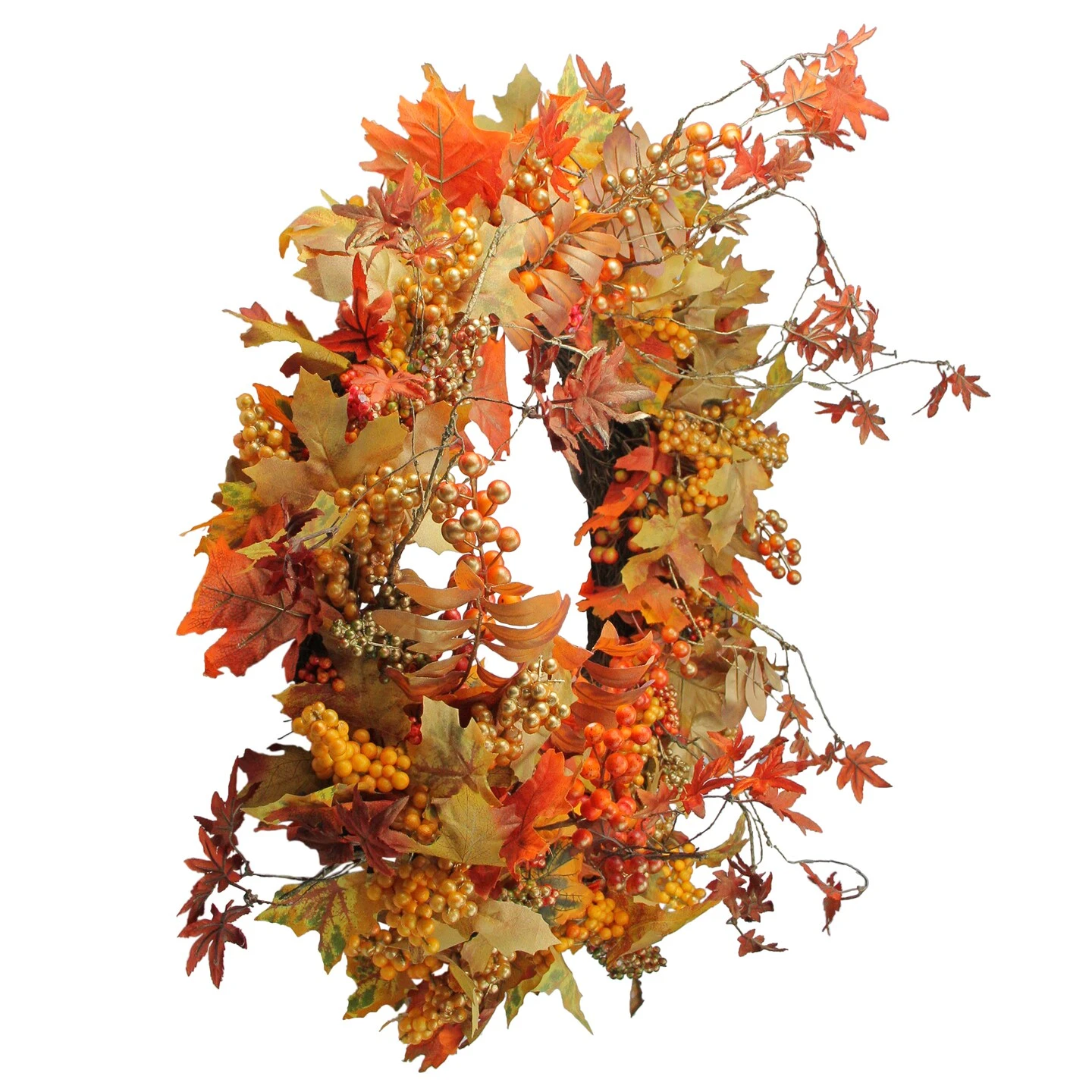 Northlight Gold Berries And Autumn Leaves Fall Harvest Artificial Twig Wreath - 22" - Unlit Orange 7 Northlight Gold Berries And Autumn Leaves Fall Harvest Artificial Twig Wreath - 22" - Unlit Orange - Image 6