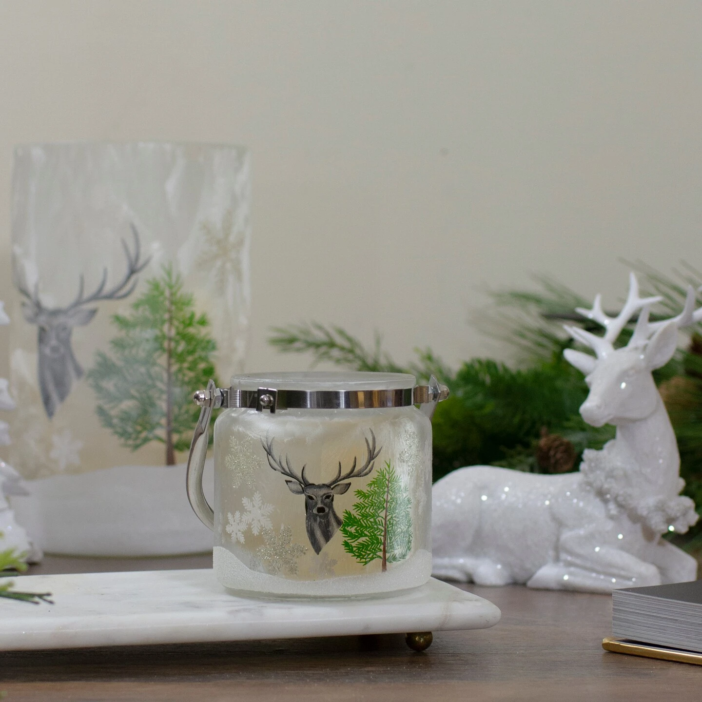 Northlight 4" Deer, Pine And Snowflakes Hand Painted Flameless Glass Candle Lantern Gray 5 Northlight 4" Deer, Pine And Snowflakes Hand Painted Flameless Glass Candle Lantern Gray - Image 3