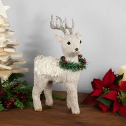 Northlight Woodland Reindeer With Wreath Christmas Figure - 13.75" Beige