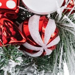 Northlight Triple Candle Holder With Flocked Pine And Christmas Ornaments - 32" - Red And White -Northlight 6918001572580312288