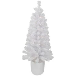 Northlight 3.5' Pre-Lit Potted Flocked Winter Pine White Tinsel Artificial Christmas Tree, Clear Lights Green