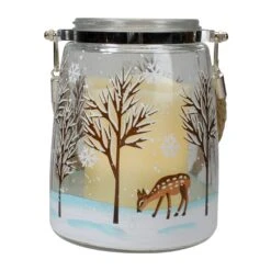 Northlight 6.25" Trees And Fawns Flameless Glass Candle Lantern Blue -Northlight 6918053301881554144