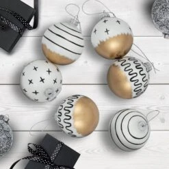 Northlight Abstract Glass Ball Christmas Ornaments - 3" (80mm) - White And Black - 6ct -Northlight 6918085946448905424 2