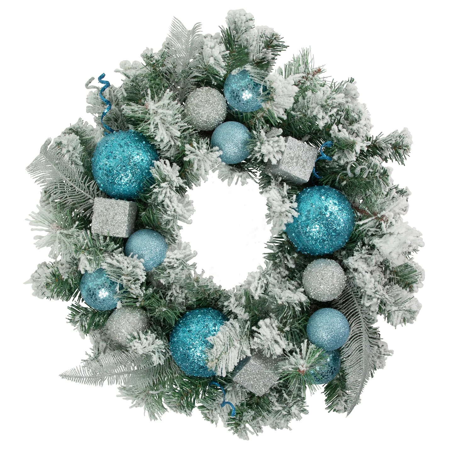 Northlight Flocked Pine With Glitter Ornaments Artificial Christmas Wreath - 24" - Unlit Blue 4 Northlight Flocked Pine With Glitter Ornaments Artificial Christmas Wreath - 24" - Unlit Blue - Image 2