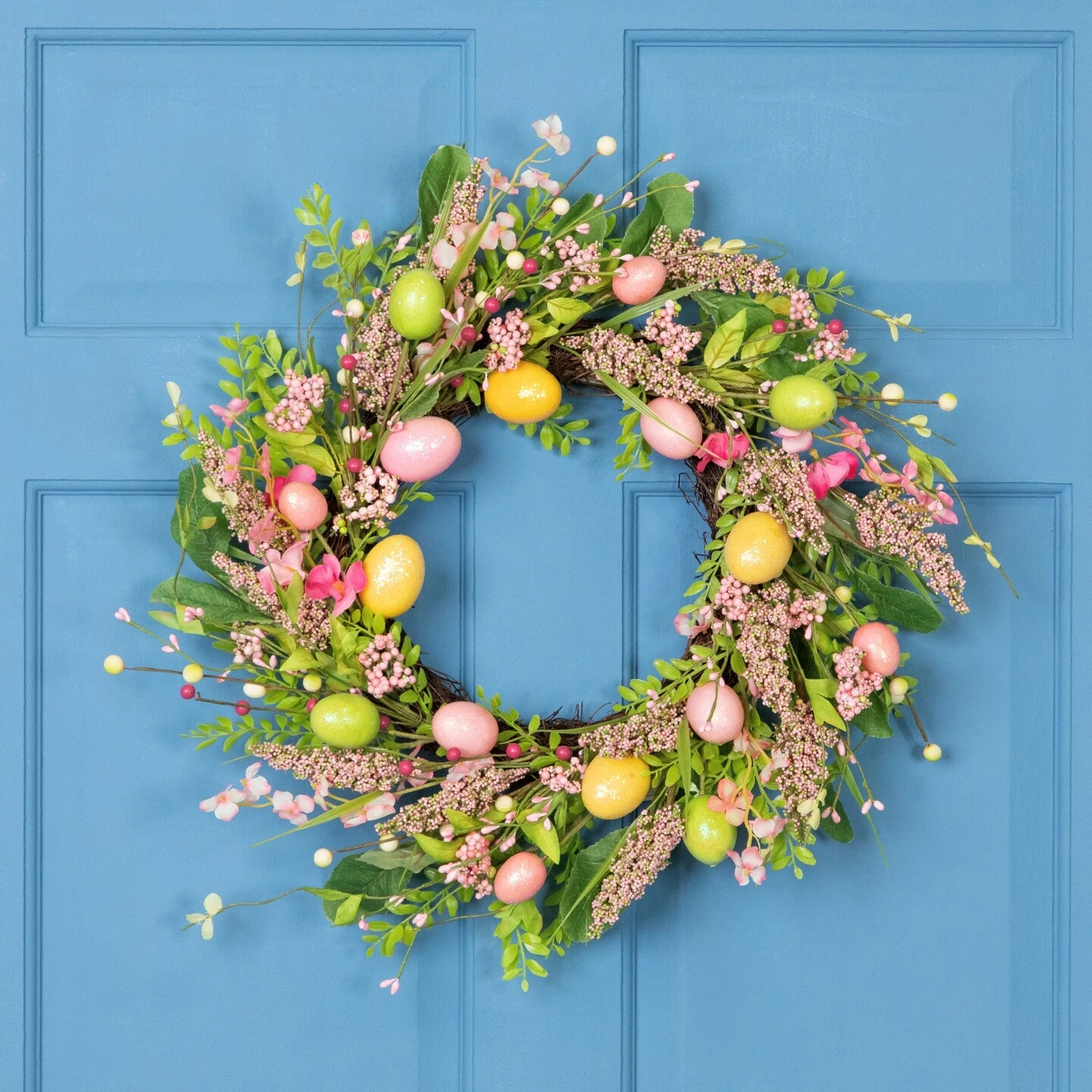 Northlight Glittered Eggs, Hibiscus And Berries Artificial Easter Twig Wreath - 20" - Pink And Green 4 Northlight Glittered Eggs, Hibiscus And Berries Artificial Easter Twig Wreath - 20" - Pink And Green - Image 2