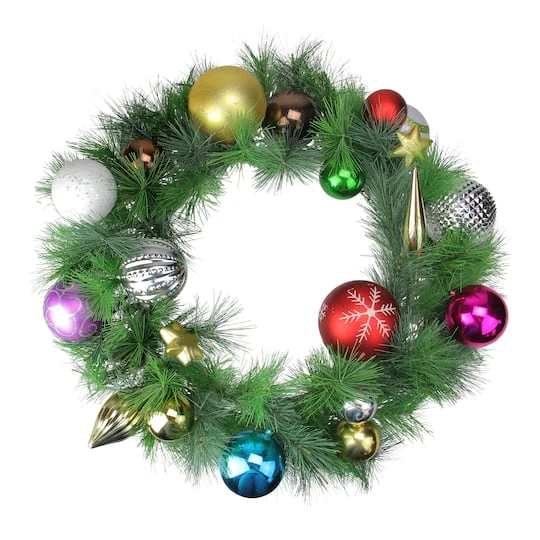 Northlight 24" Pre-Decorated Multicolor Ball Ornament Long Needle Pine Artificial Christmas Wreath, Unlit 6 Northlight 24" Pre-Decorated Multicolor Ball Ornament Long Needle Pine Artificial Christmas Wreath, Unlit - Image 4