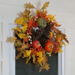Northlight 24" Autumn Harvest Decorative Artificial Fall Leaves, Pinecones, Pumpkins And Berries Wreath 9 Northlight 24" Autumn Harvest Decorative Artificial Fall Leaves, Pinecones, Pumpkins And Berries Wreath -Northlight D040458S 3