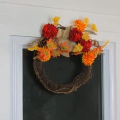 Northlight 20" Autumn Harvest Mixed Leaf & Mum Flower Twig Wreath, Unlit 7 Northlight 20" Autumn Harvest Mixed Leaf & Mum Flower Twig Wreath, Unlit -Northlight D040511S 2