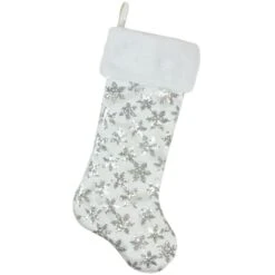Northlight 20.5" Sequin Snowflake Stocking With White Faux Fur Cuff, White & Silver -Northlight D046347S 11