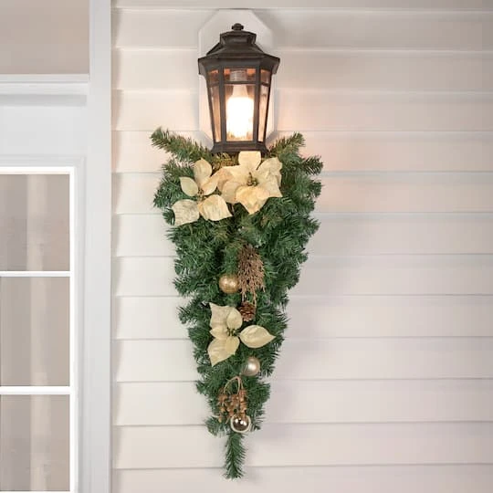 Northlight 32" Unlit Gold Poinsettia, Pine Cone & Ball Teardrop Swag 6 Northlight 32" Unlit Gold Poinsettia, Pine Cone & Ball Teardrop Swag - Image 4