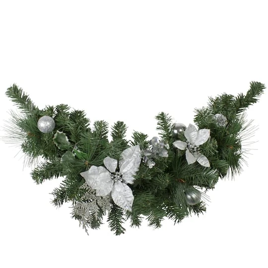 Northlight 30" Unlit Poinsettia, Pine Cone & Ball Swag, Silver 3 Northlight 30" Unlit Poinsettia, Pine Cone & Ball Swag, Silver