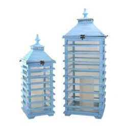 Northlight L'Eau De Fleur Distressed Blue Fir Wood Candle Lantern Set, 21" & 28" -Northlight D050417S 1 1