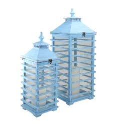 Northlight L'Eau De Fleur Distressed Blue Fir Wood Candle Lantern Set, 21" & 28" -Northlight D050417S 2