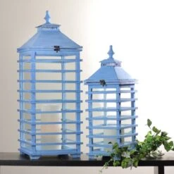 Northlight L'Eau De Fleur Distressed Blue Fir Wood Candle Lantern Set, 21" & 28" -Northlight D050417S 3