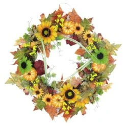 Northlight 24" Unlit Autumn Mixed Leaf, Flowers, Pine Cones & Pumpkin Artificial Thanksgiving Wreath -Northlight D204658S 1 1