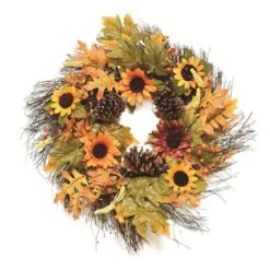 Northlight 24" Unlit Autumn Harvest Fall Leaves, Berries, Pinecones & Sunflowers Artificial Wreath -Northlight D204663S 1 1