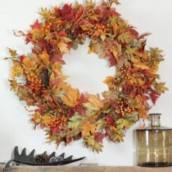 Northlight 32" Unlit Autumn Harvest Artificial Orange, Green & Gold Berries & Leaves Wreath -Northlight D204664S 3