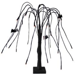 Northlight 24" Pre-Lit Black Glitter Cascading Willow Artificial Halloween Tree With Bats, Orange LED Lights
