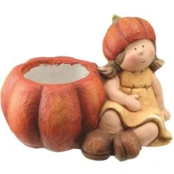 Northlight Fall Harvest Sitting Girl With Pumpkin Pot Tabletop Decoration -Northlight D204907S 1 1