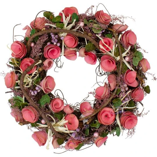 Northlight 12.5" Pink Flowers & Berries With Green Leaves & Twigs Spring Wreath 4 Northlight 12.5" Pink Flowers & Berries With Green Leaves & Twigs Spring Wreath - Image 2