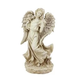 Northlight 18" Heavenly Gardens Distressed Almond Brown Angel With Bird & Bouquet Outdoor Statue