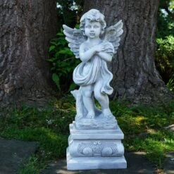 Northlight 28.75" Gray Standing Cherub Angel On Pedestal Outdoor Statue 9 Northlight 28.75" Gray Standing Cherub Angel On Pedestal Outdoor Statue -Northlight D221249S 2