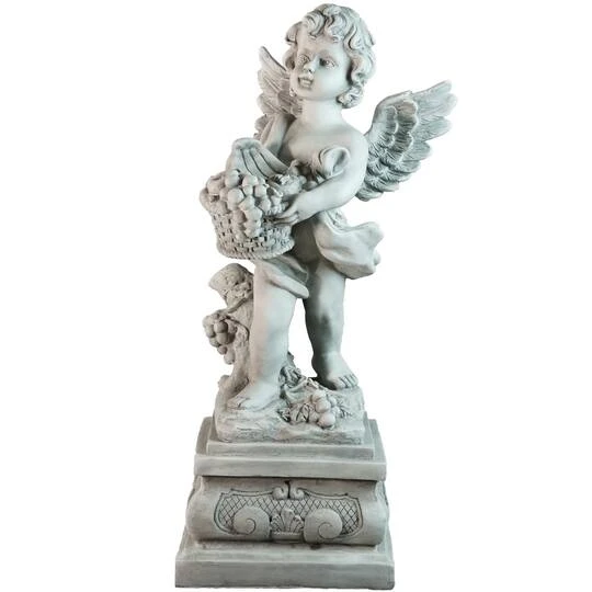 Northlight 28.75" Gray Cherub Angel Standing On Pedestal Holding A Fruit Basket Outdoor Garden Statue 3 Northlight 28.75" Gray Cherub Angel Standing On Pedestal Holding A Fruit Basket Outdoor Garden Statue