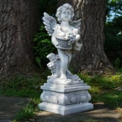 Northlight 28.75" Gray Cherub Angel Standing On Pedestal Holding A Fruit Basket Outdoor Garden Statue 9 Northlight 28.75" Gray Cherub Angel Standing On Pedestal Holding A Fruit Basket Outdoor Garden Statue -Northlight D221257S 2