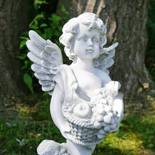 Northlight 28.75" Gray Cherub Angel Standing On Pedestal Holding A Fruit Basket Outdoor Garden Statue 6 Northlight 28.75" Gray Cherub Angel Standing On Pedestal Holding A Fruit Basket Outdoor Garden Statue - Image 4