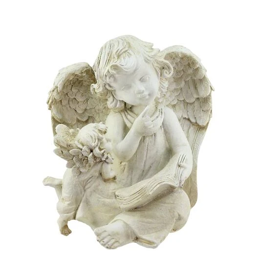 Northlight 8.5" Heavenly Gardens Distressed Ivory Sitting Angel With Book & Friend Outdoor Garden Statue 4 Northlight 8.5" Heavenly Gardens Distressed Ivory Sitting Angel With Book & Friend Outdoor Garden Statue - Image 2