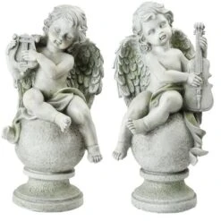 Northlight 14.75" Gray Cherub Angels With Violin & Harp Sitting On Finials Outdoor Garden Statues